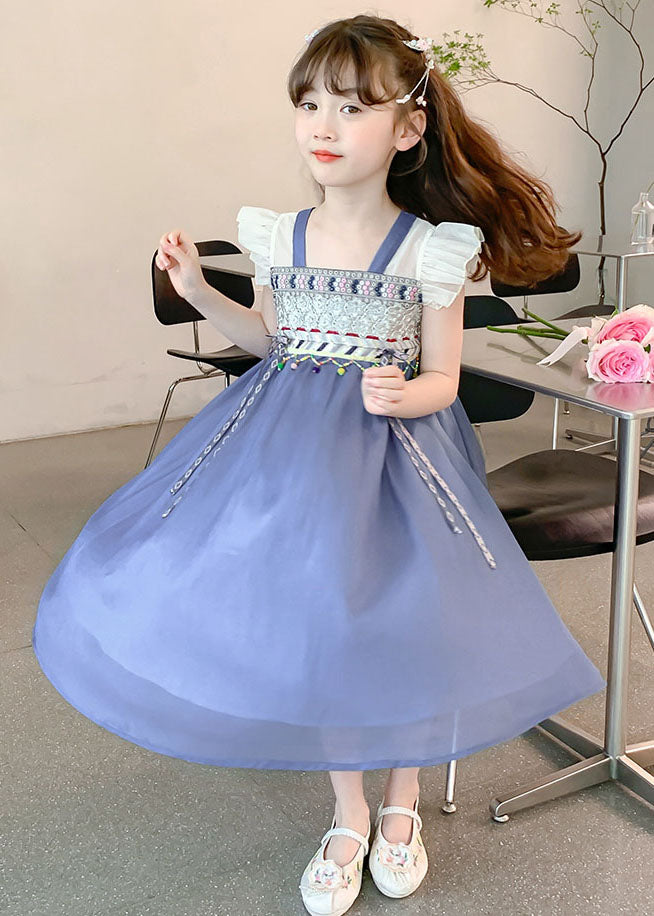 Boutique Blue Square Collar Patchwork Tassel Chiffon Kids Long Dresses Sleeveless