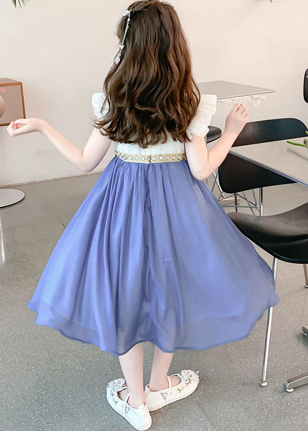 Boutique Blue Square Collar Patchwork Tassel Chiffon Kids Long Dresses Sleeveless