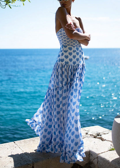 Boutique Blue Strapless Love Print Swimwear Two Piece Set Dress Summer