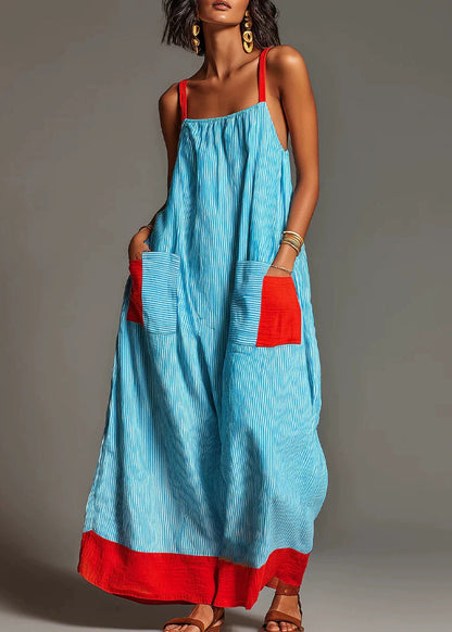 Boutique Blue Striped Patchwork Cotton Robe Dresses Summer