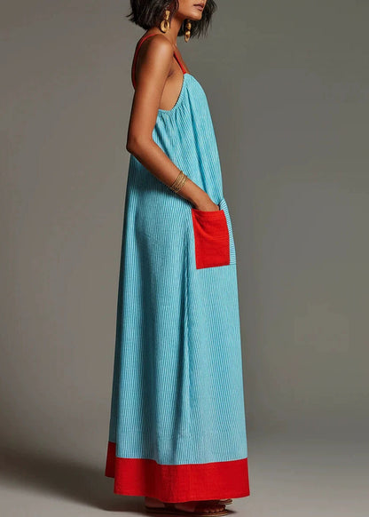 Boutique Blue Striped Patchwork Cotton Robe Dresses Summer