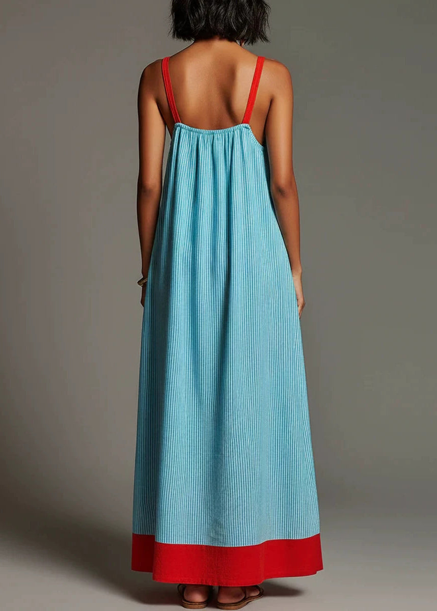 Boutique Blue Striped Patchwork Cotton Robe Dresses Summer