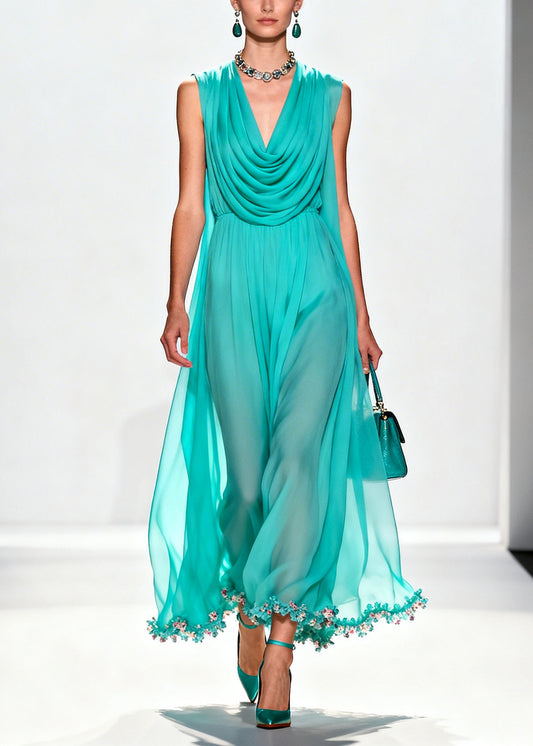 Boutique Blue Turtle Neck Patchwork Flower Lace Chiffon Maxi Dress Summer