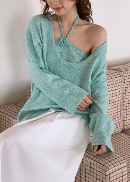 Boutique Blue U Neck Floral Knit Sweaters Two Piece Set Winter