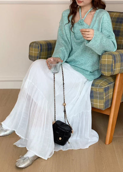 Boutique Blue U Neck Floral Knit Sweaters Two Piece Set Winter