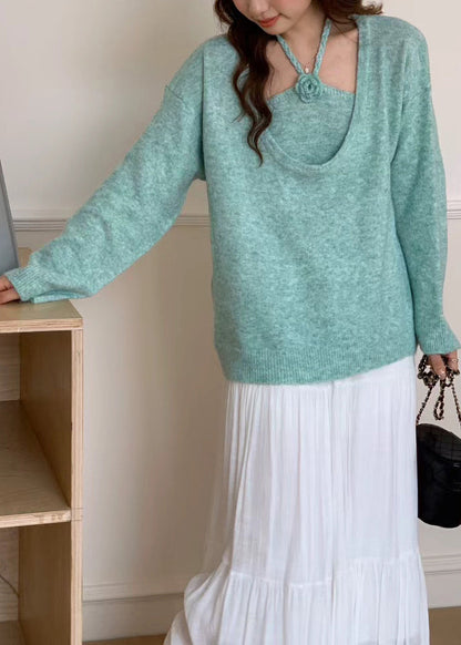 Boutique Blue U Neck Floral Knit Sweaters Two Piece Set Winter