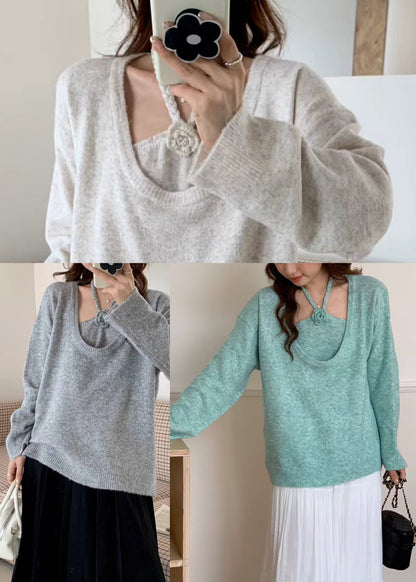 Boutique Blue U Neck Floral Knit Sweaters Two Piece Set Winter