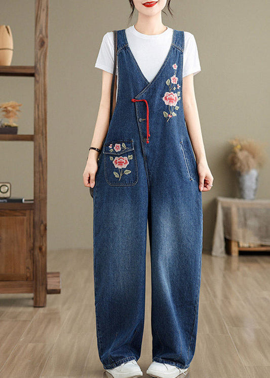 Boutique Blue V Neck Asymmetrical Pockets Denim Jumpsuit Summer