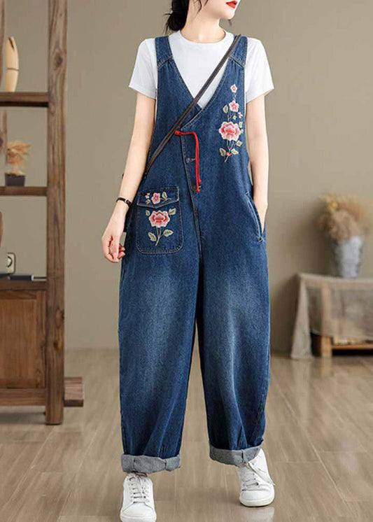 Boutique Blue V Neck Asymmetrical Pockets Denim Jumpsuit Summer