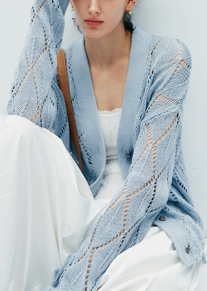 Boutique Blue V Neck Hollow Out Knit Cardigans Fall