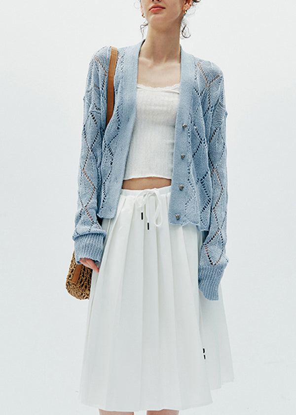 Boutique Blue V Neck Hollow Out Knit Cardigans Fall