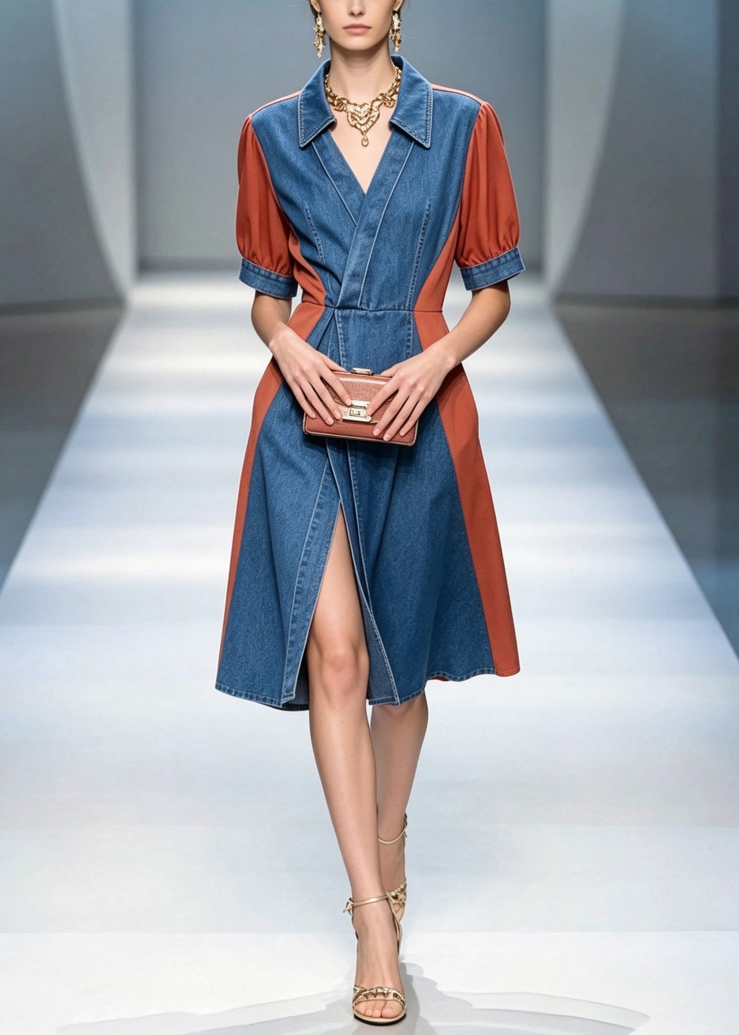 Boutique Blue V Neck Patchwork Maxi Dresses Short Sleeve