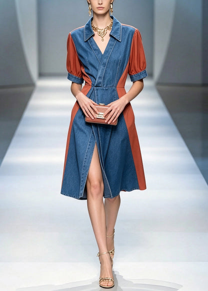 Boutique Blue V Neck Patchwork Maxi Dresses Short Sleeve