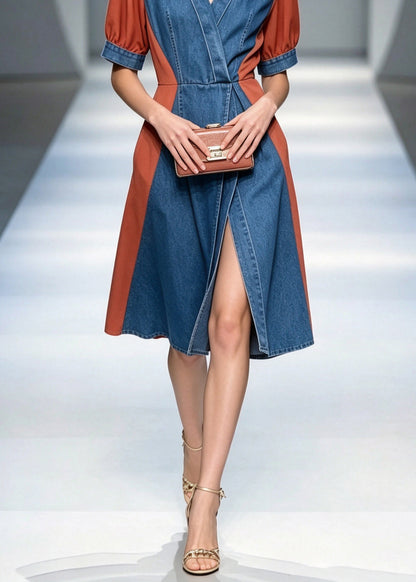 Boutique Blue V Neck Patchwork Maxi Dresses Short Sleeve