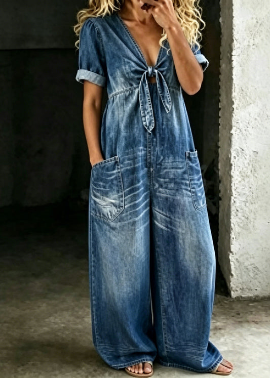 Boutique Blue V Neck Pockets Bow Patchwork Denim Jumpsuit Summer
