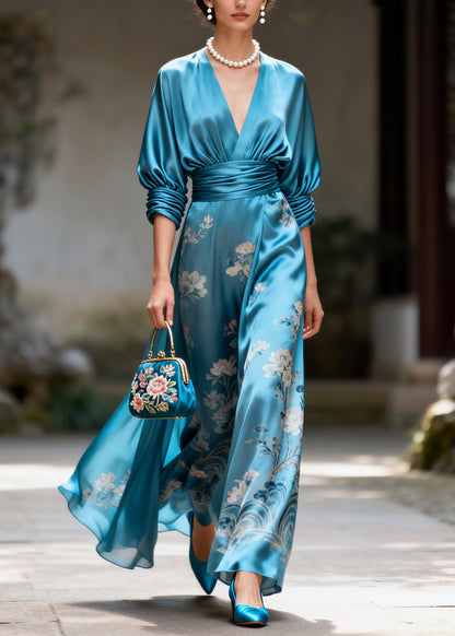 Boutique Blue V Neck Print Silk Holiday Dresses Summer