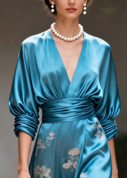 Boutique Blue V Neck Print Silk Holiday Dresses Summer