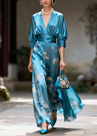 Boutique Blue V Neck Print Silk Holiday Dresses Summer