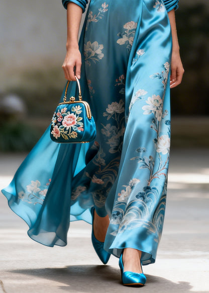 Boutique Blue V Neck Print Silk Holiday Dresses Summer