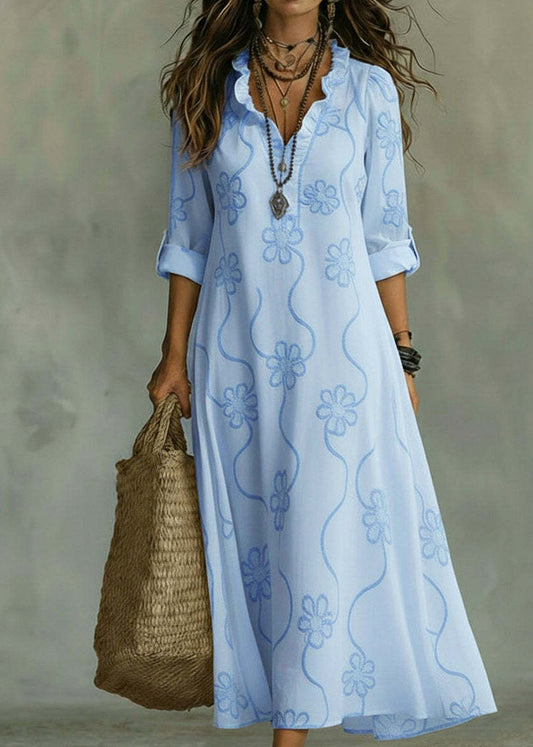 Boutique Blue V Neck Ruffled Maxi Dress Long Sleeve