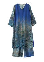 Boutique Blue V Neck Side Open Print Silk Dress And Wide Leg Pants Women Sets Two Pieces Summer