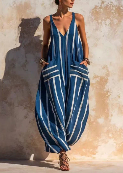 Boutique Blue V Neck Striped Cotton Jumpsuit Summer