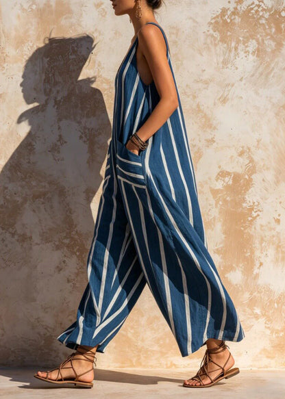 Boutique Blue V Neck Striped Cotton Jumpsuit Summer
