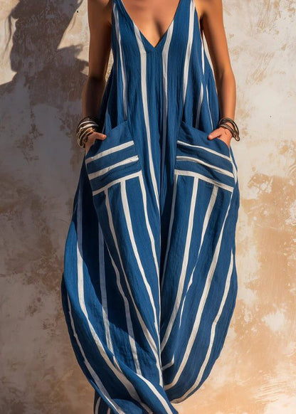 Boutique Blue V Neck Striped Cotton Jumpsuit Summer