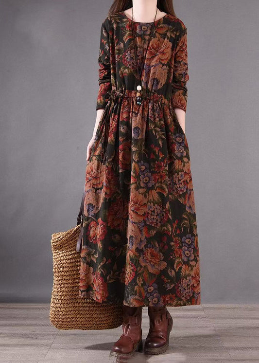 Boutique Brown Cinched Print Cotton Holiday Dress Spring