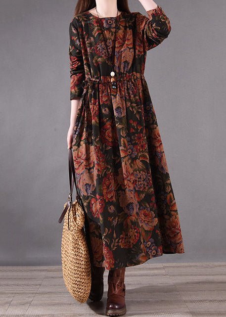 Boutique Brown Cinched Print Cotton Holiday Dress Spring