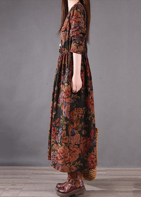 Boutique Brown Cinched Print Cotton Holiday Dress Spring