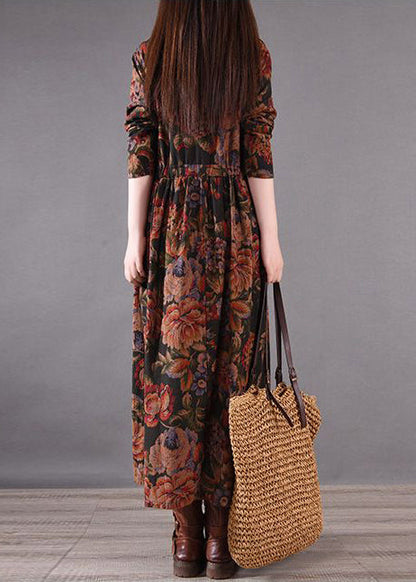 Boutique Brown Cinched Print Cotton Holiday Dress Spring