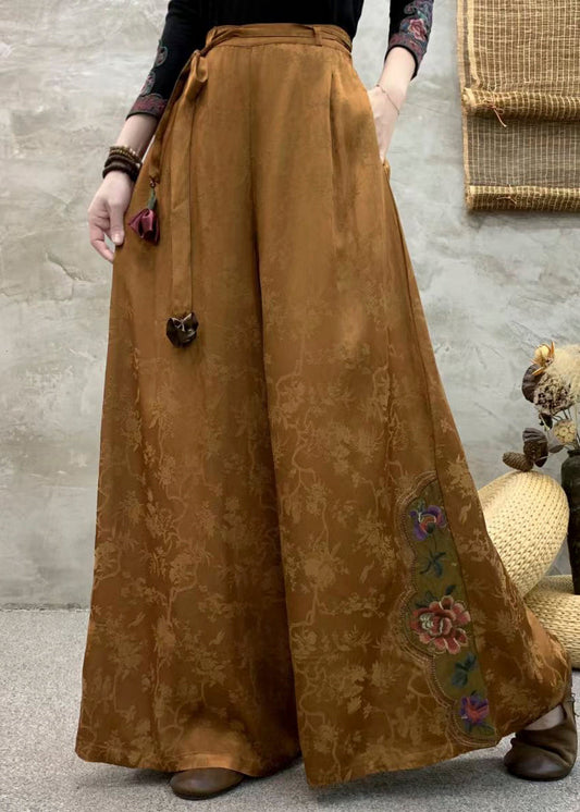 Boutique Brown Embroidered Pockets Silk Pants Fall