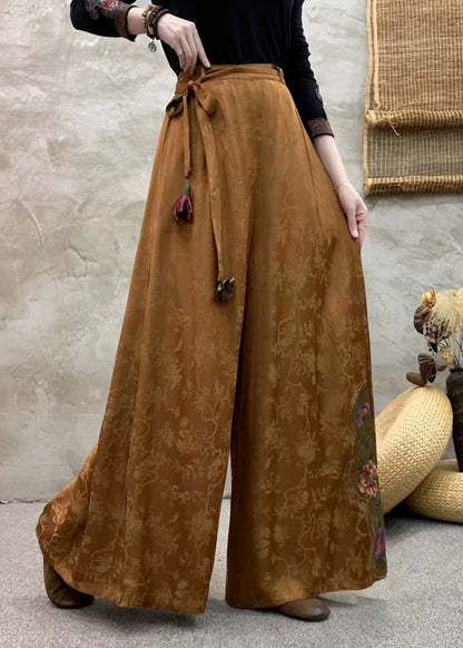 Boutique Brown Embroidered Pockets Silk Pants Fall