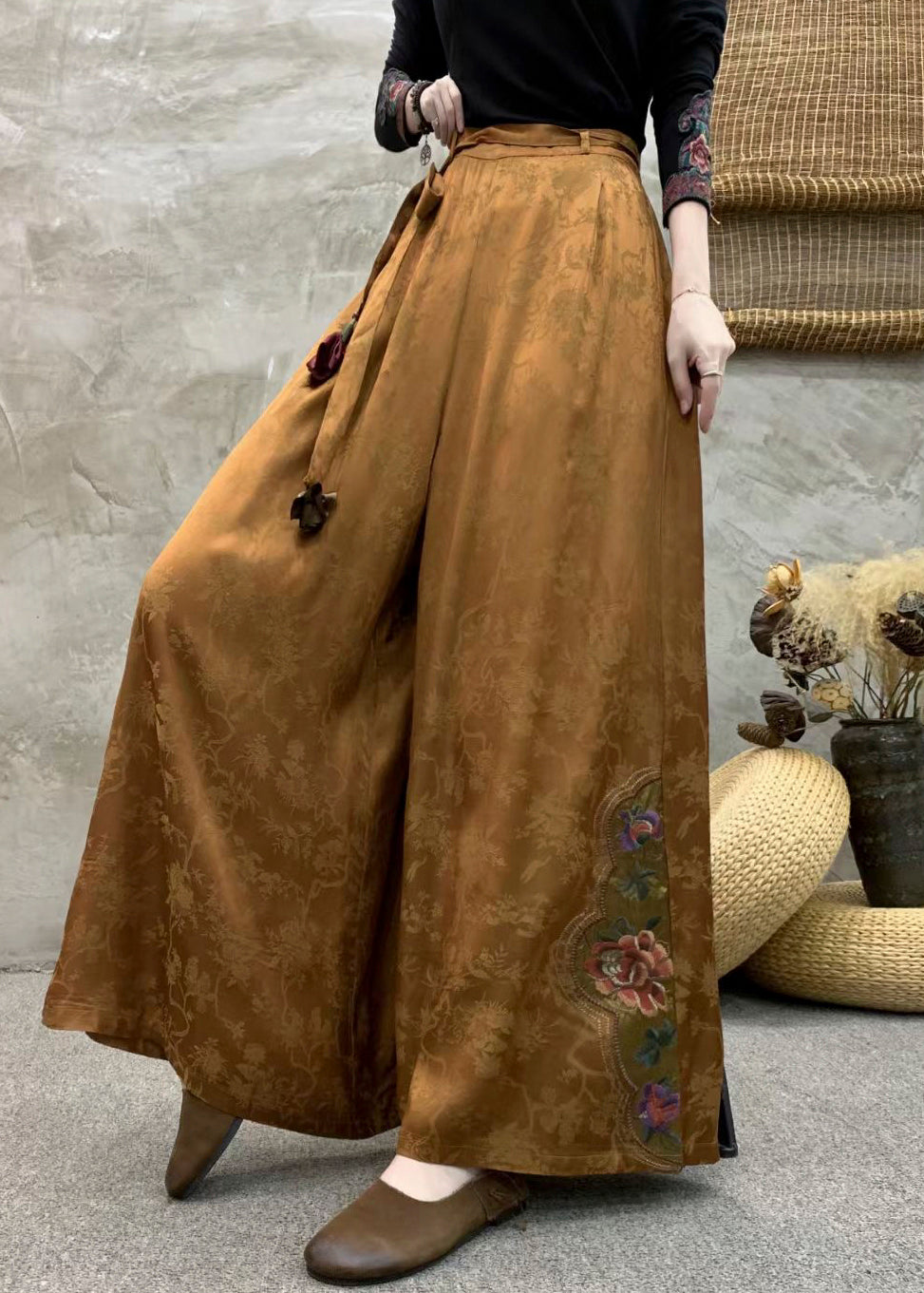 Boutique Brown Embroidered Pockets Silk Pants Fall