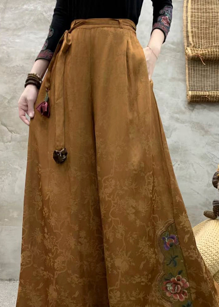 Boutique Brown Embroidered Pockets Silk Pants Fall