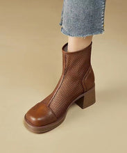 Load image into Gallery viewer, Boutique Brown Hollow Out Chunky Heel Hollow Out Boots Cowhide Leather