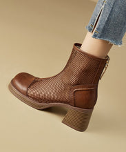 Load image into Gallery viewer, Boutique Brown Hollow Out Chunky Heel Hollow Out Boots Cowhide Leather