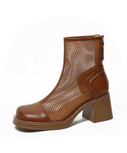 Load image into Gallery viewer, Boutique Brown Hollow Out Chunky Heel Hollow Out Boots Cowhide Leather