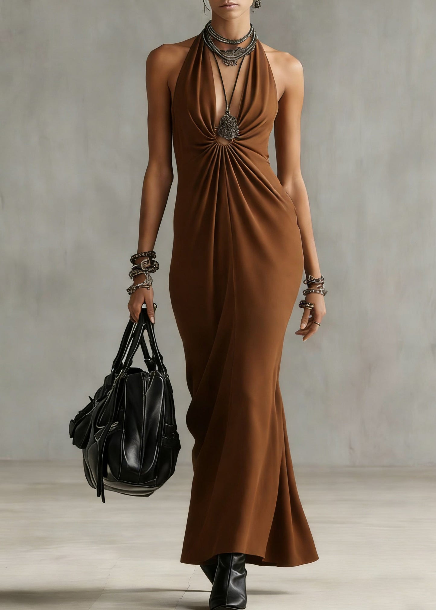 Boutique Brown Hollow Out Wrinkled Maxi Dress Sleeveless