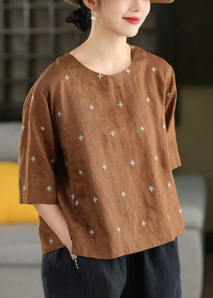 Boutique Brown O Neck Embroidered Linen T Shirt Summer