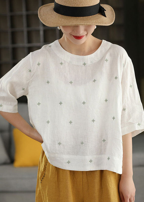 Boutique Brown O Neck Embroidered Linen T Shirt Summer