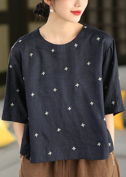 Boutique Brown O Neck Embroidered Linen T Shirt Summer