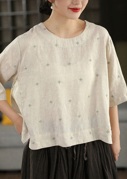 Boutique Brown O Neck Embroidered Linen T Shirt Summer
