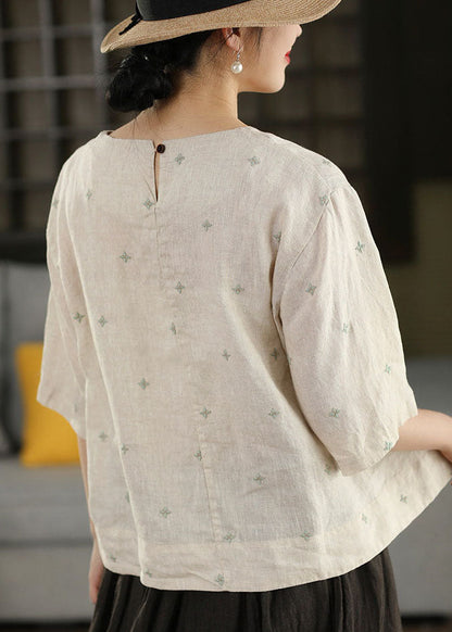 Boutique Brown O Neck Embroidered Linen T Shirt Summer