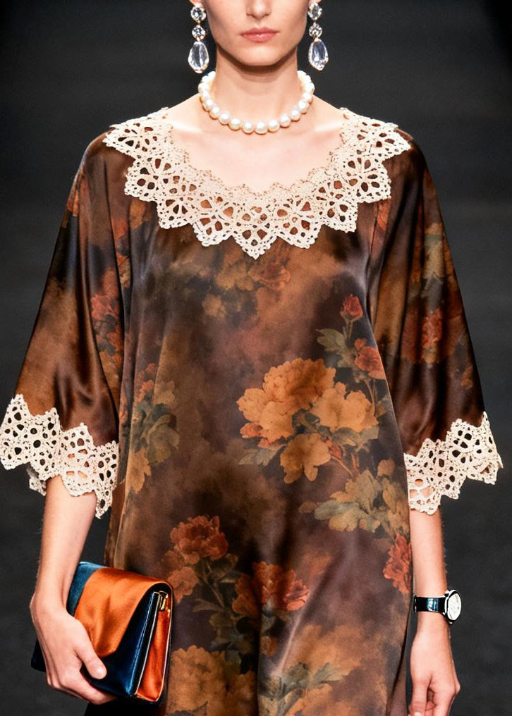 Boutique Brown Oversized Lace Patchwork Silk Maxi Dresses Summer