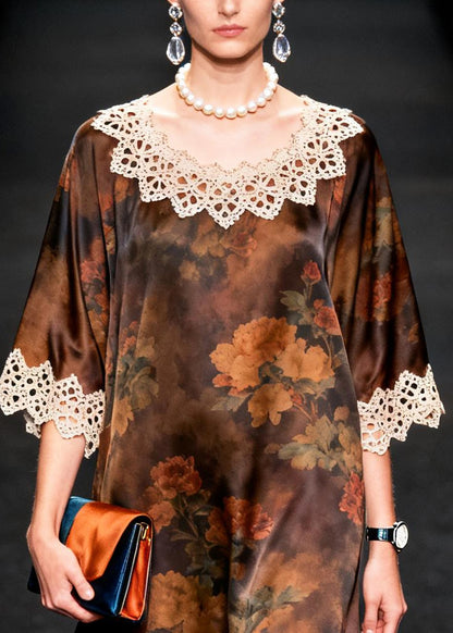Boutique Brown Oversized Lace Patchwork Silk Maxi Dresses Summer