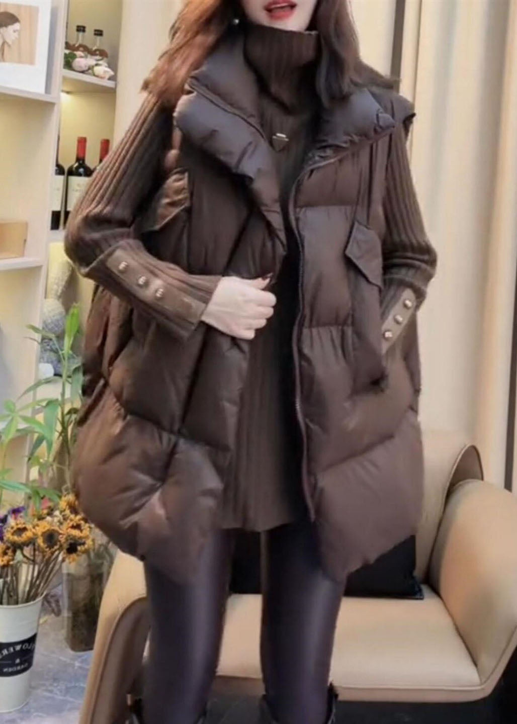 Boutique Brown Oversized Thick Fine Cotton Filled Vest Winter