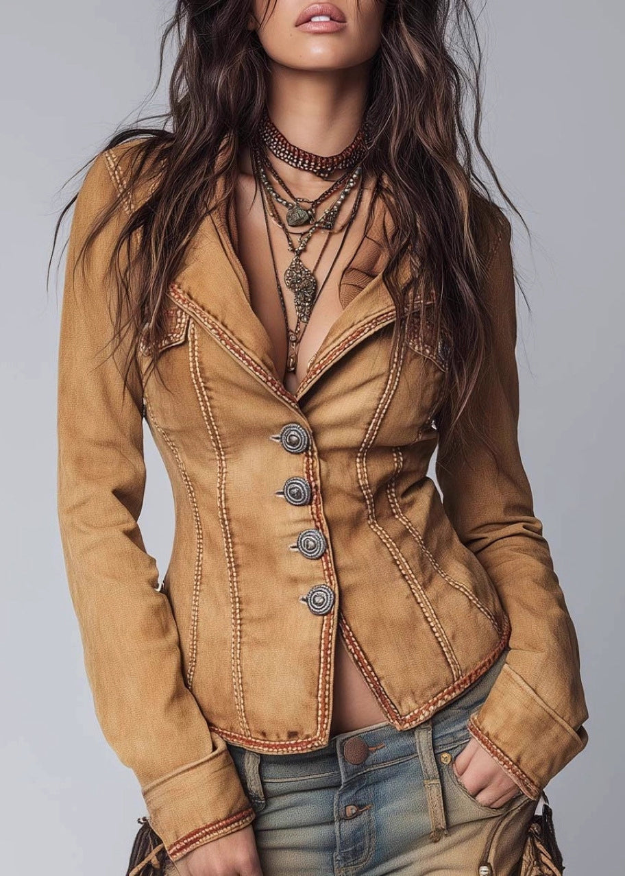 Boutique Brown Peter Pan Collar Patchwork Denim Coat Fall