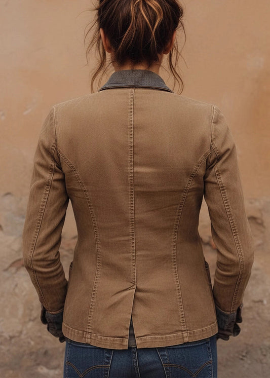 Boutique Brown Peter Pan Collar Patchwork Denim Coat Fall